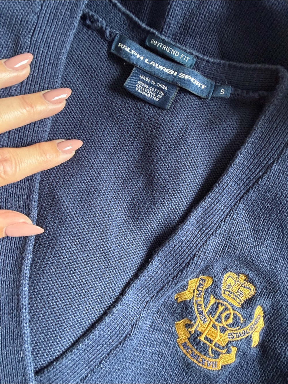 Ralph Lauren Navy V-Neck Cardigan  Quality Knit with Gold Crest Embroidery